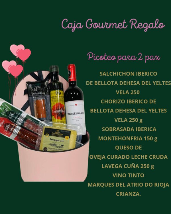 BOMBONERA CESTA GOURMET IBERICOS, VINO Y QUESO - Imagen 2