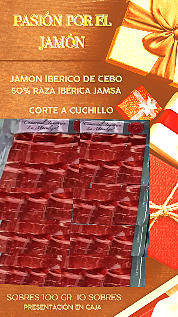 LOTE JAMON IBERICO DE CEBO 50% RAZA IBÉRICA. JAMSA 10 SOBRES DE 100 GR. CORTE A CUCHILLO - Imagen 2