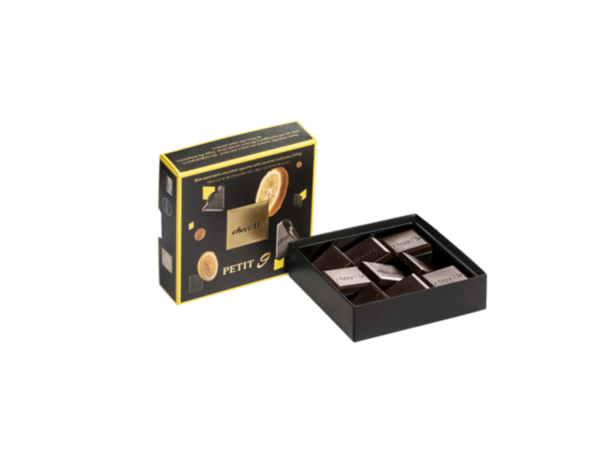 PETIT 9 CUADRADITOS DE CHOCOLATE NEGRO RELLENOS DE CARAMELO Y YUZU 50 gr